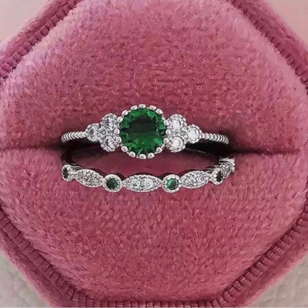 Emerald Green Sterling Silver Halo Stackable Ring Set